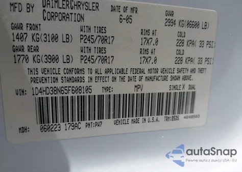 2005 Dodge Durango St из США, поврежденный, VIN 1D4HD38N65F608105